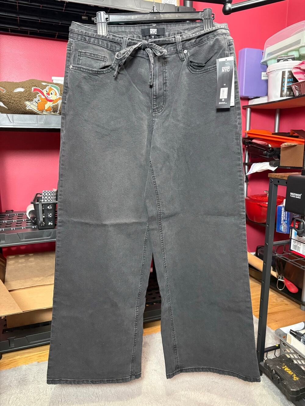 Madden NYC Women’s Size 12 High Rise Loose Fit Self Belted Jeans Black NWT